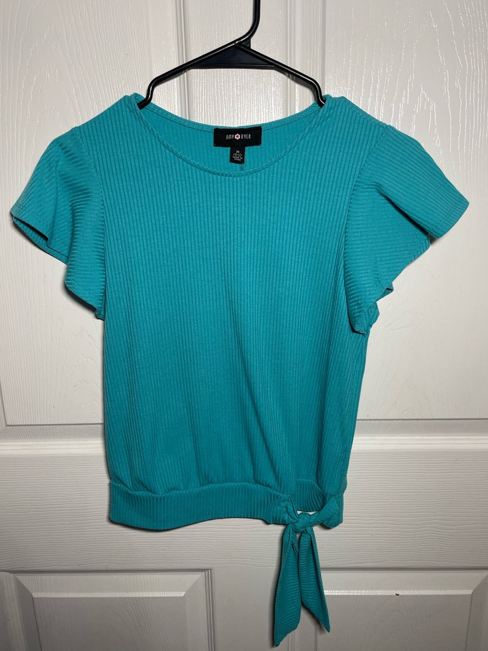 Amy Byer Turquoise Ribbed Tie-Hem Blouse
